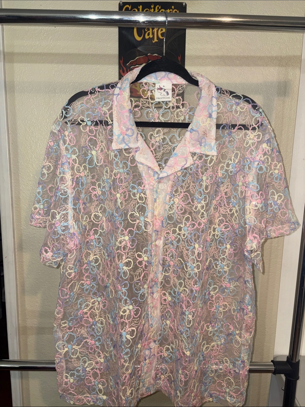 #106 NEW XL Sheer Pastel Floral Lace Button-Up Shirt - Unbranded